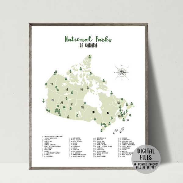 Canada National Parks map with a checklist of parks to visit.