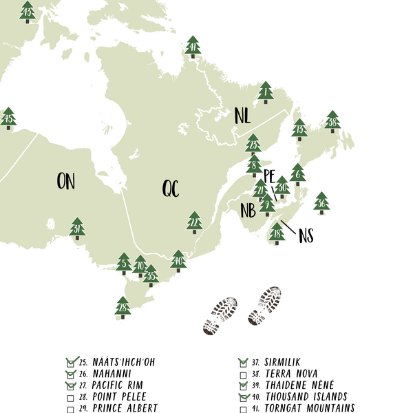 Canada National Parks map with a list of parks to explore and check off