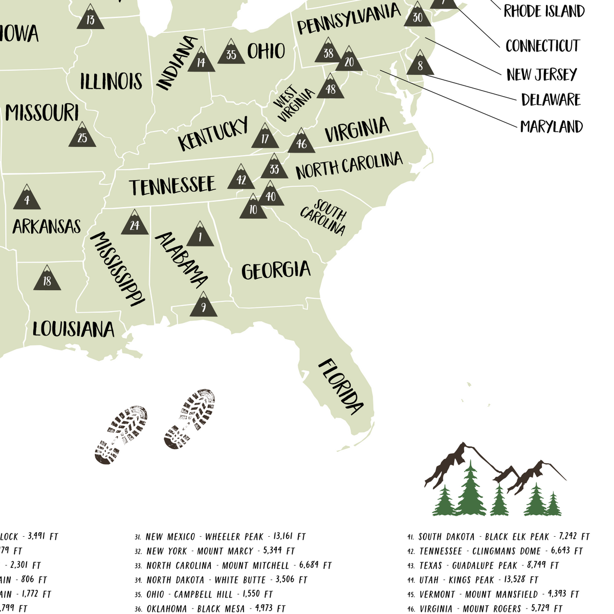 USA State High Points Map  Mountain Map  State Highest Peak Map 