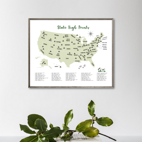 State high points map - usa map - hiking gift ideas