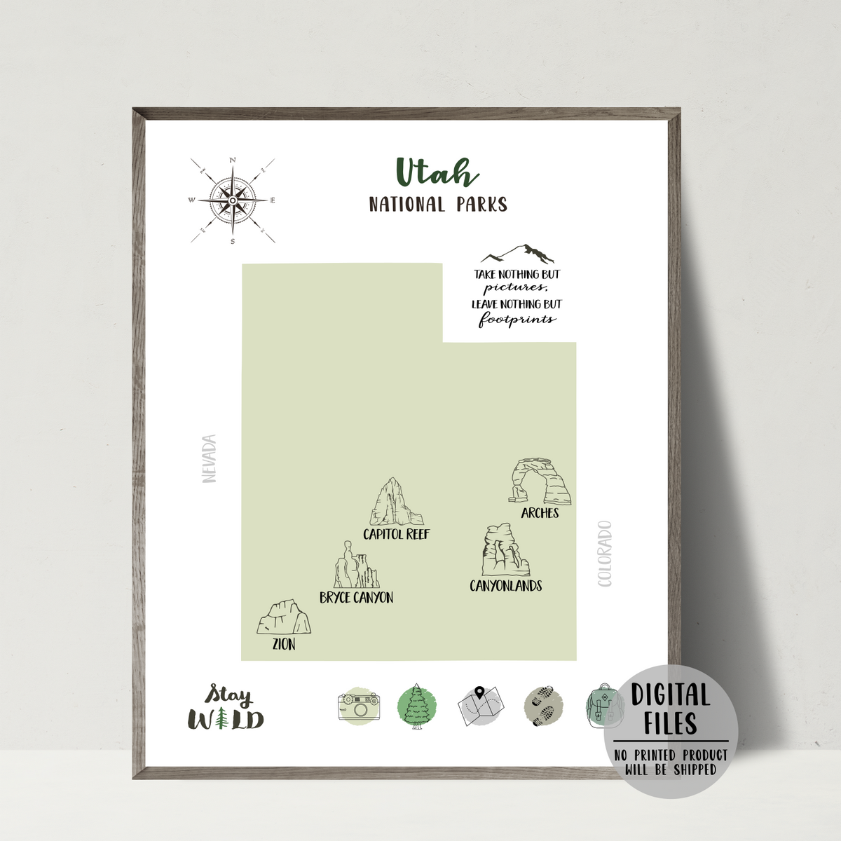 Utah National Parks Map | Utah Map | Digital Print | Gift For Hiker