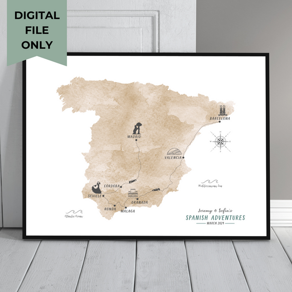 Personalized Travel Map | Spain Travel Map | Spain Road Trip Map