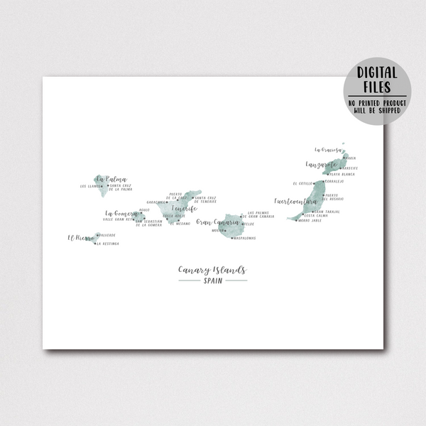 Canary Islands Map | Spain Islands Map | Watercolor Map | Digital Print