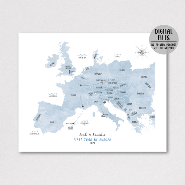 Personalized Travel Map | Europe Travel Map | Europe Backpacking Map