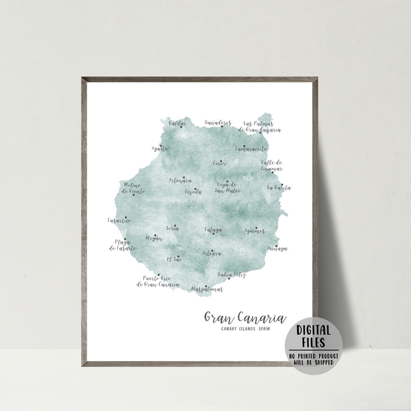 Gran Canaria Map | Canary Islands Map | Watercolor Map | Digital Print