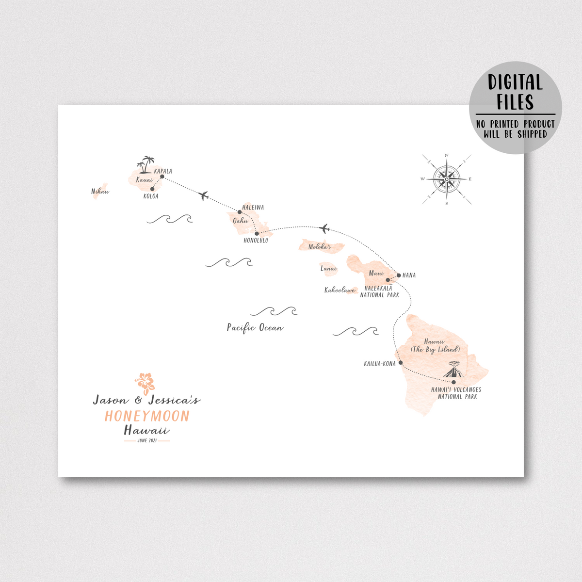 Personalized Travel Map | Hawaii Travel Map | Hawaii Honeymoon Map ...