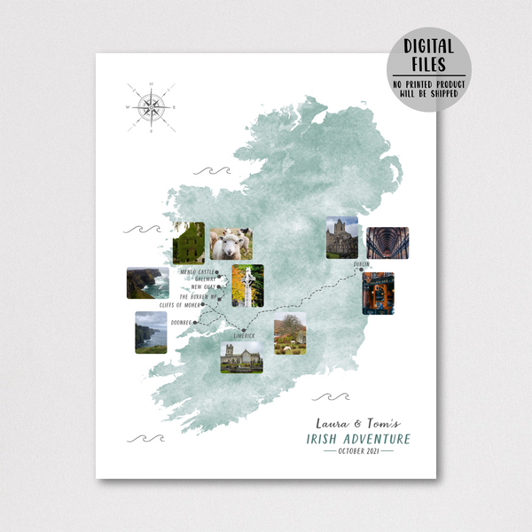 Personalize Ireland Travel Map - Your Road Trip Map - My Travel Map - Travel Gift Ideas - Map With Pics