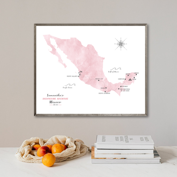 Personalized Travel Map | Mexico Travel Map | Mexico Backpacking Map
