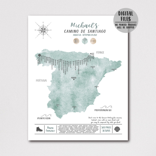 Personalized Camino De Santiago Map | Way Of Saint James Map | Digital Print