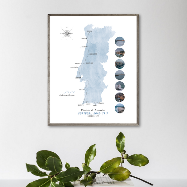 Personalized Travel Map | Portugal Surf Travel Map | Van Trip Map