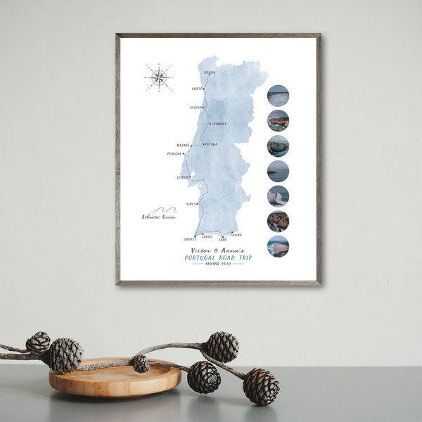 Personalized Travel Map | Portugal Surf Travel Map | Van Trip Map