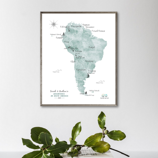 Personalized Travel Map | South America Travel Map | South America Road Trip Map