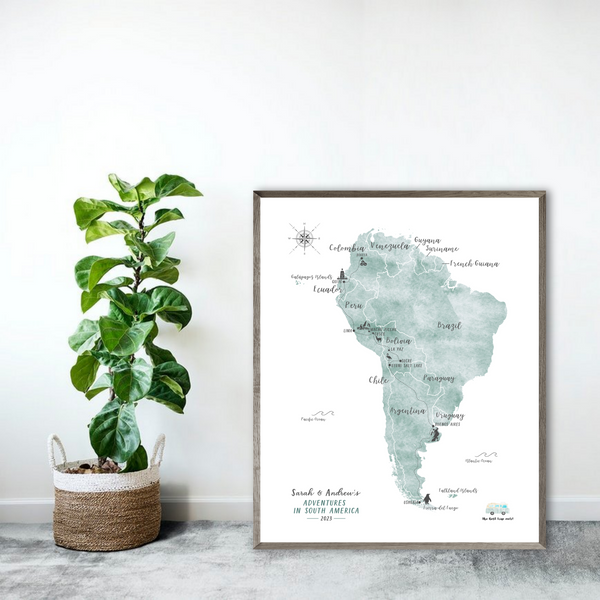 Personalized Travel Map | South America Travel Map | South America Road Trip Map