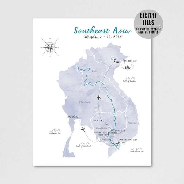 Personalized Travel Map | Southeast Asia Travel Map | Asia Backpacking Map
