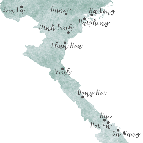 Map of Vietnam with cities labeled on a light green background