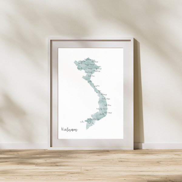 Travel map of Vietnam. Printable digital download.