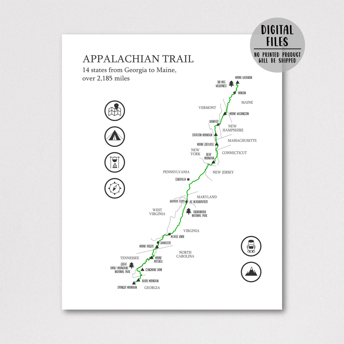 Appalachian Trail Map | Appalachian Hiking Trail Map | Hiking Gift ...