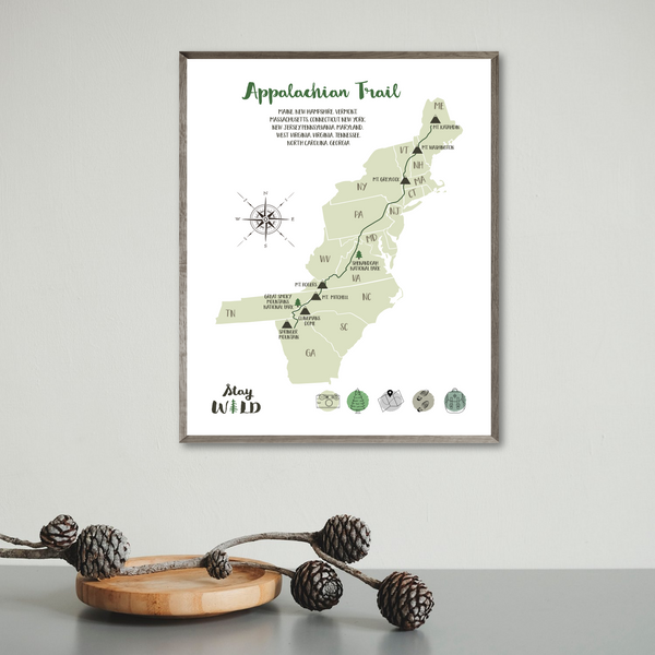 appalachian hiking trail map - appalachian trail map - hiking gift ideas
