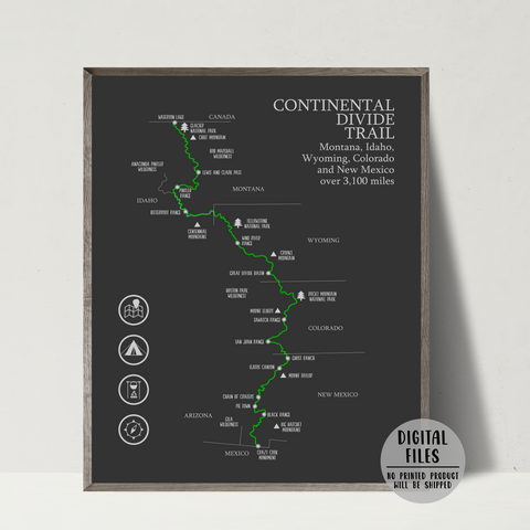 continental divide trail hiking map print-gift for husband-adventure print