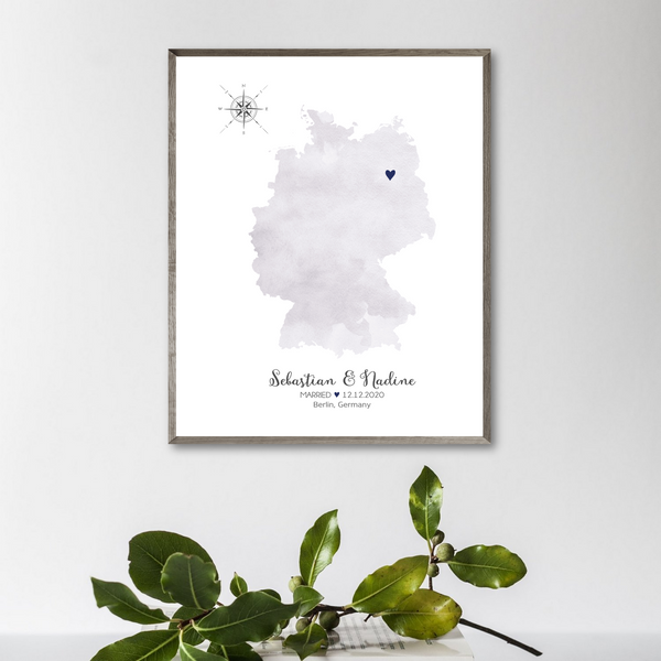 personalized wedding location map-gift for couple-watercolor map