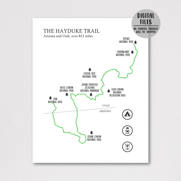 hayduke trail map poster-hayduke hiking trail map-gift for hiker