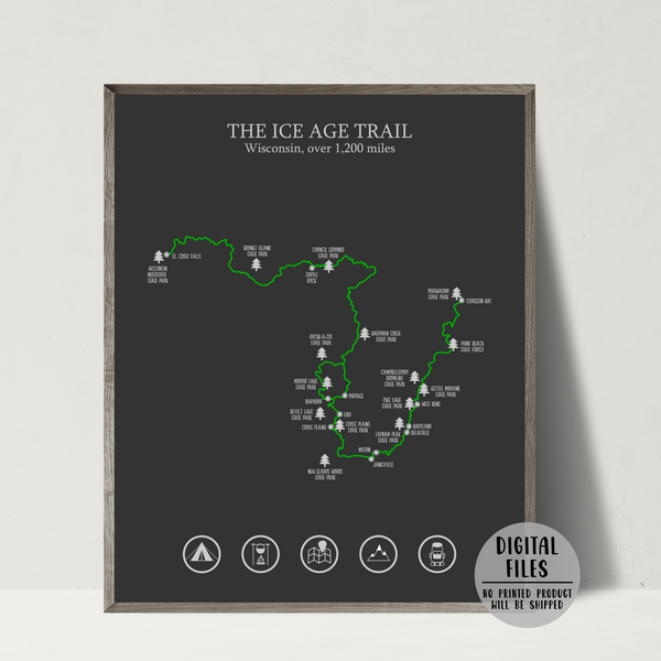 ice age trail map poster-hiking map print-gift for hiker