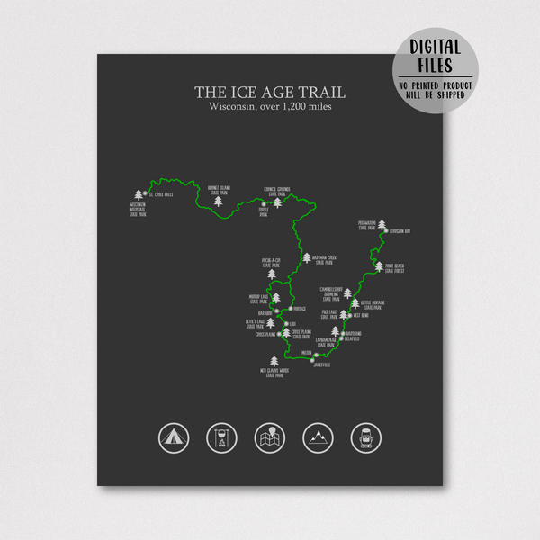 ice age trail poster-hiking trail map print-ice age trail hiking poster