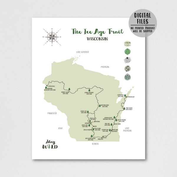ice age trail map-ice age hiking trail map-gift for hiker