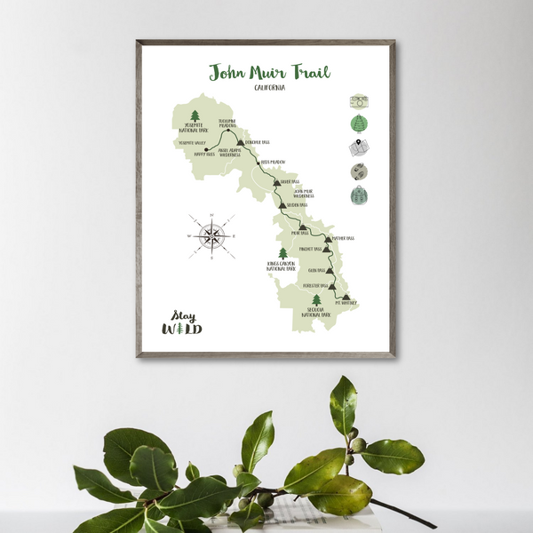 john muir trail map-john muir hiking map poster