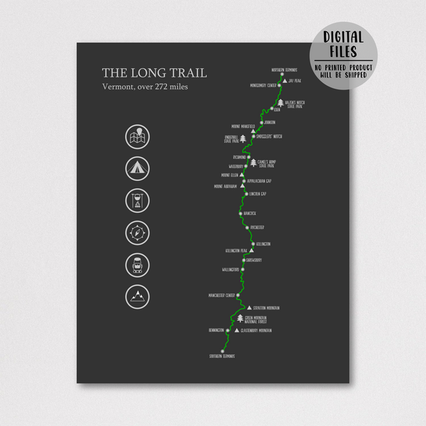 the long trail hiking print-the long trail hiking map-vermont poster