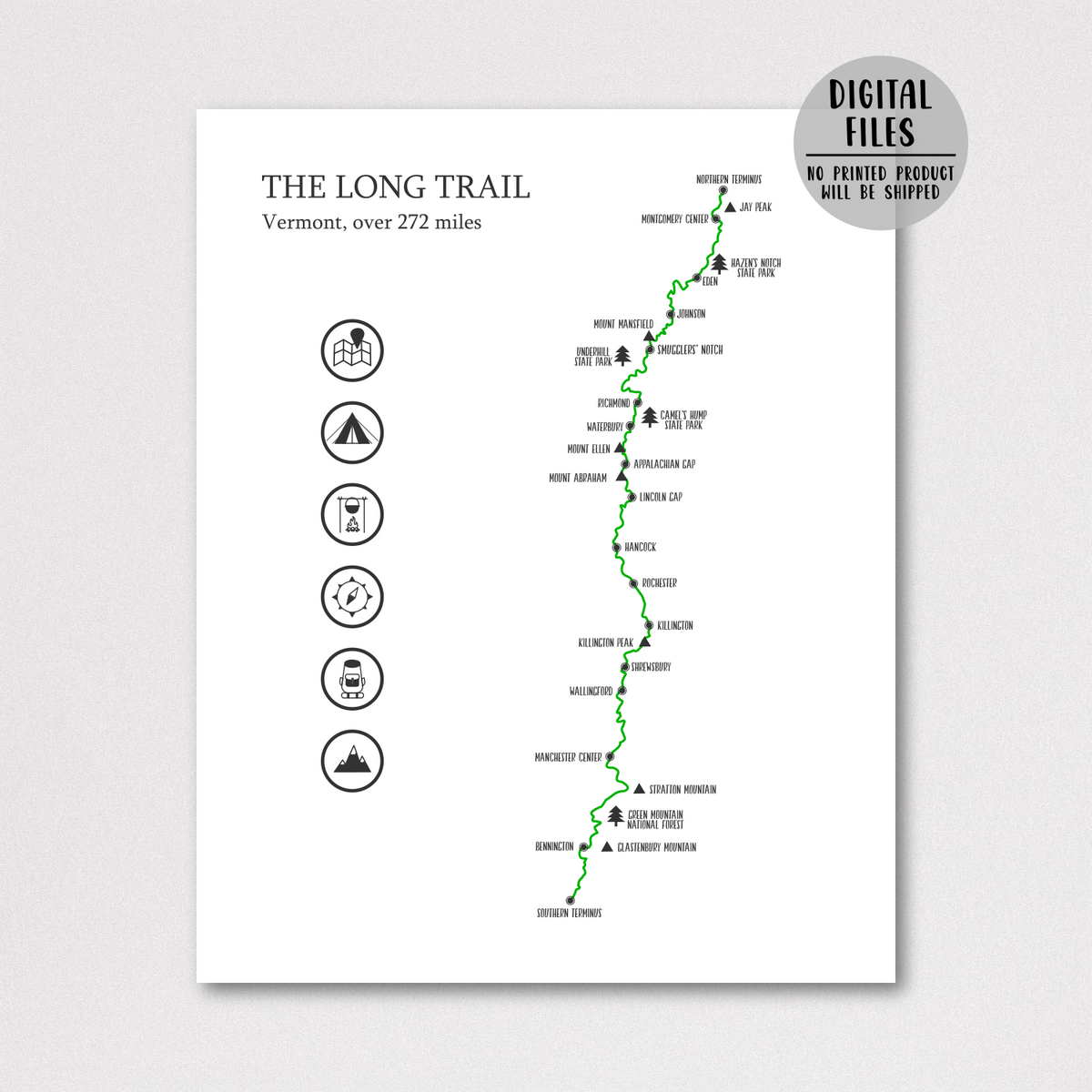 The Long Trail Map | Long Trail Hiking Trail | Hiker Gift Ideas ...