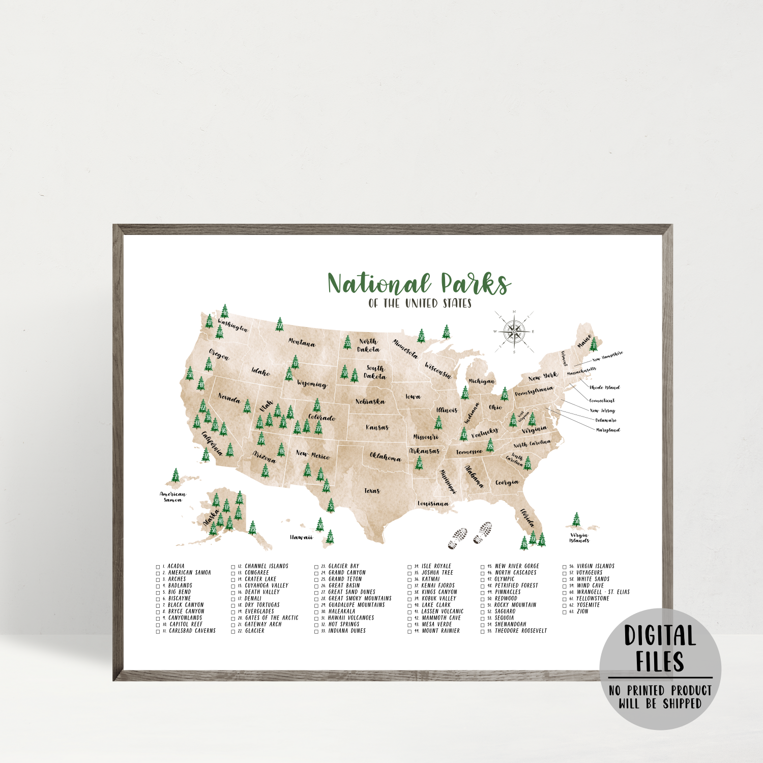 usa national parks map-gift for hiker-watercolor map
