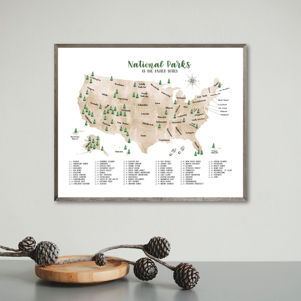 national parks map print-national parks checklist-watercolor map