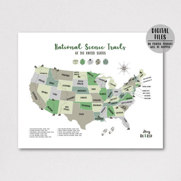 national scenic trails hiking map - adventure map - gift for hiker