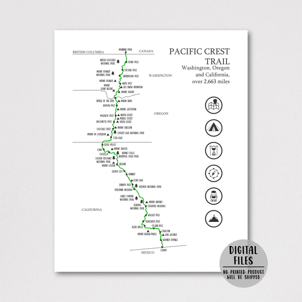 pacific crest trail map-pacific crest hiking trail map-gift for hiker