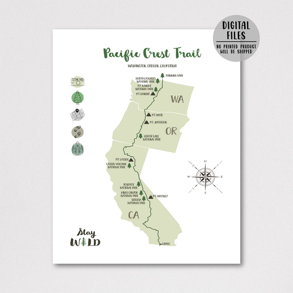 pacific crest trail map-pacific crest hiking trail map-gift for hiker