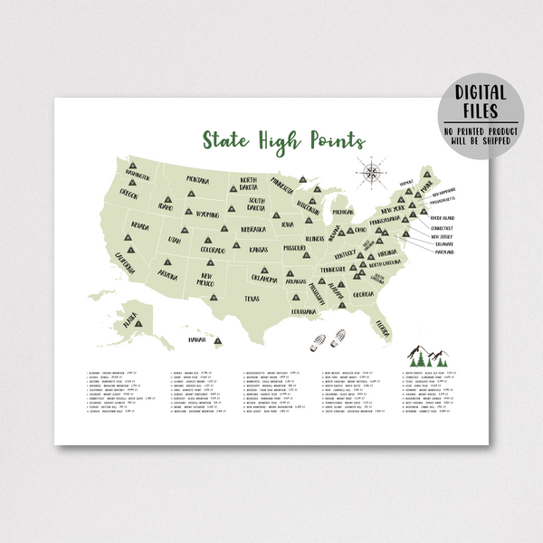 State high points map - gift for hiker