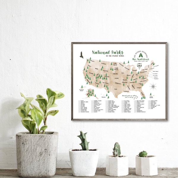 us national parks map-watercolor map-personalized map
