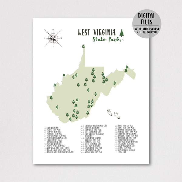 west virginia state parks map and checklist-gift for traveler