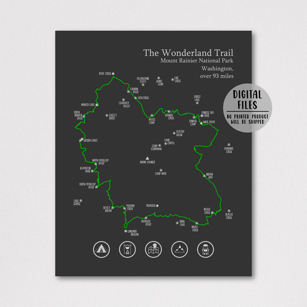 wonderland trail map poster-hiking gift ideas-hiking trail map print