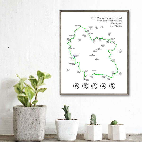 wonderland trail map poster-gift for hiker-hiking trail map